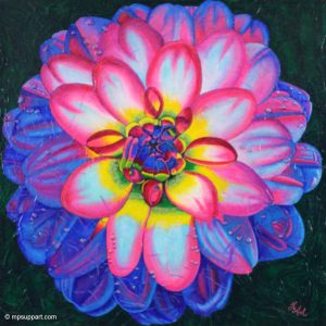 oeuvre figurative avec fleur dahlia multicolore signée ginette ash