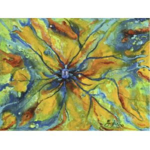 oeuvre abstraite avec jaune, bleu et rouge signée ginette ash