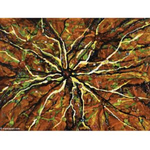 oeuvre abstraite avec rouge, vert, jaune et blanc signée ginette ash