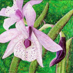 oeuvre figurative avec fleurs rose et mauve et feuilles vertes signée ginette ash