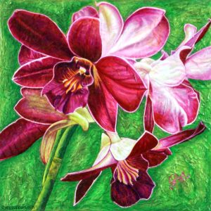 oeuvre figurative avec fleurs magentas et feuilles vertes signée ginette ash