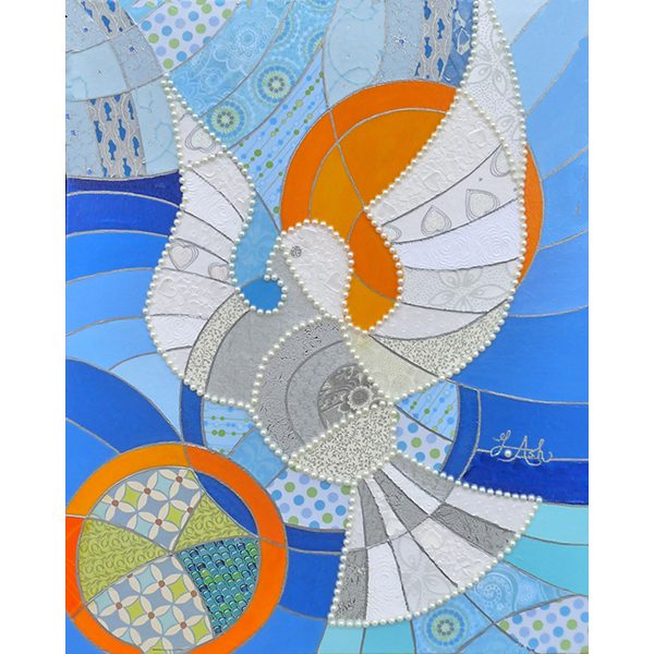 oeuvre figurative avec une colombe et fond abstrait signée ginette ash