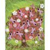 oeuvre figurative avec fond vert et arbre avec boucles roses signée ginette ash