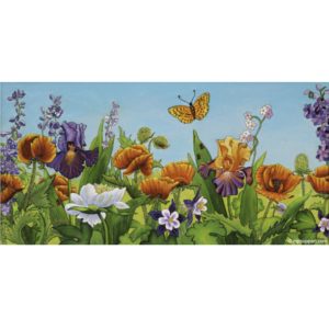 oeuvre figurative avec nature, fleurs et papillon signée ginette ash